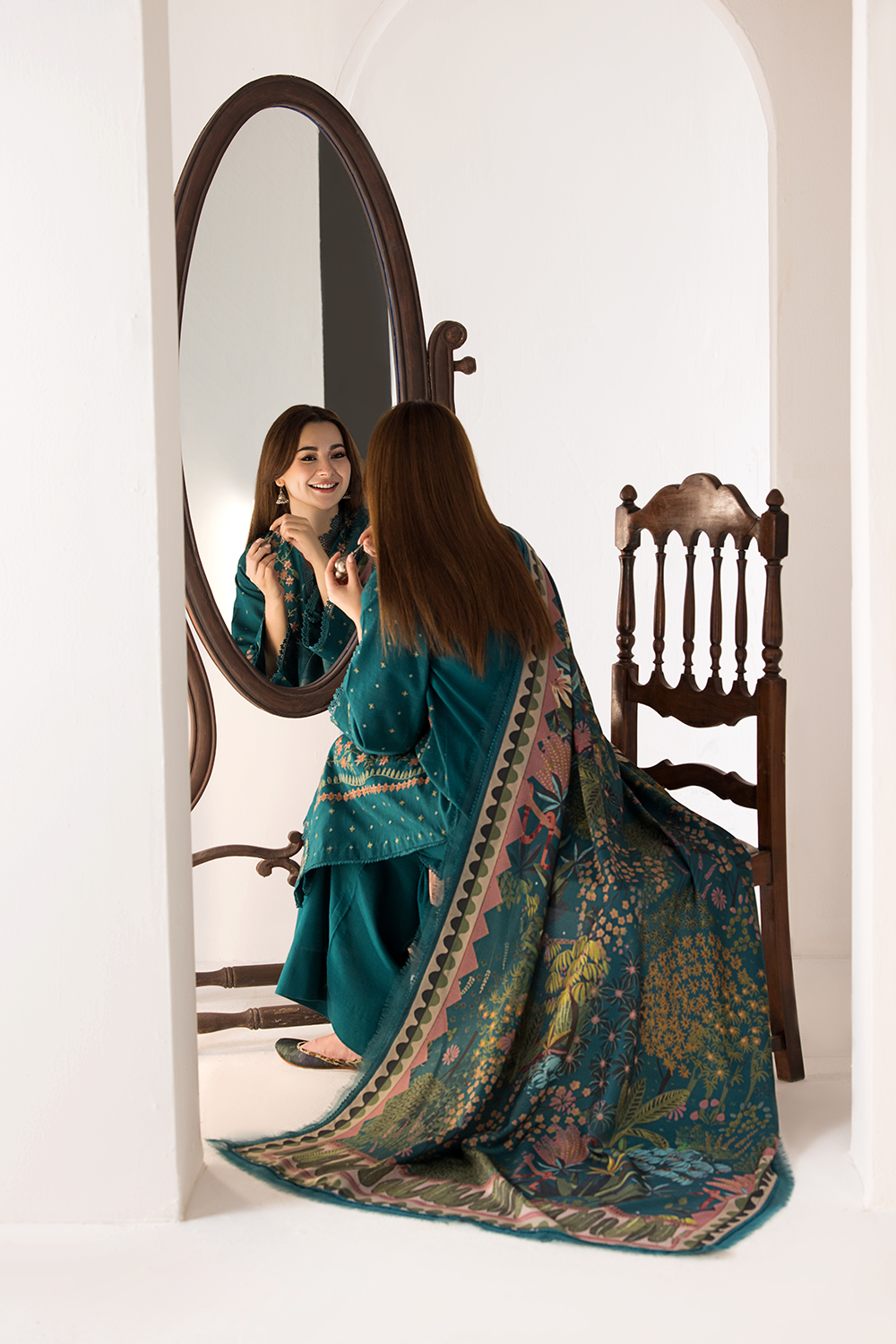 Dhanak-3PC Embroidered Shirt with Digital Printed Wool Shawl - 685