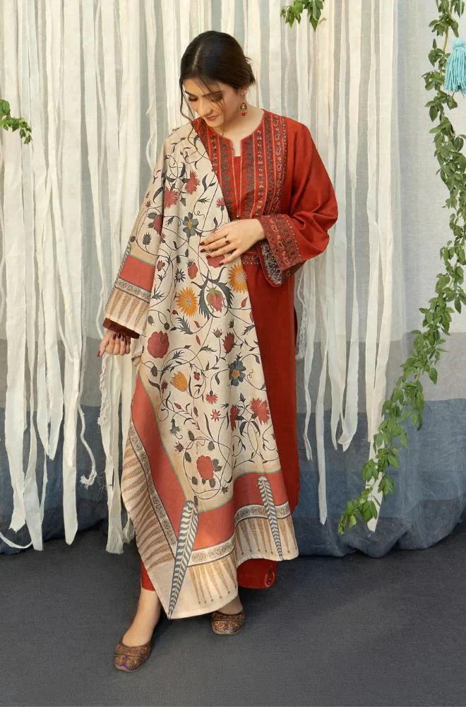 Dhanak-3PC Embroidered Shirt with Digital Printed Wool Shawl - 651