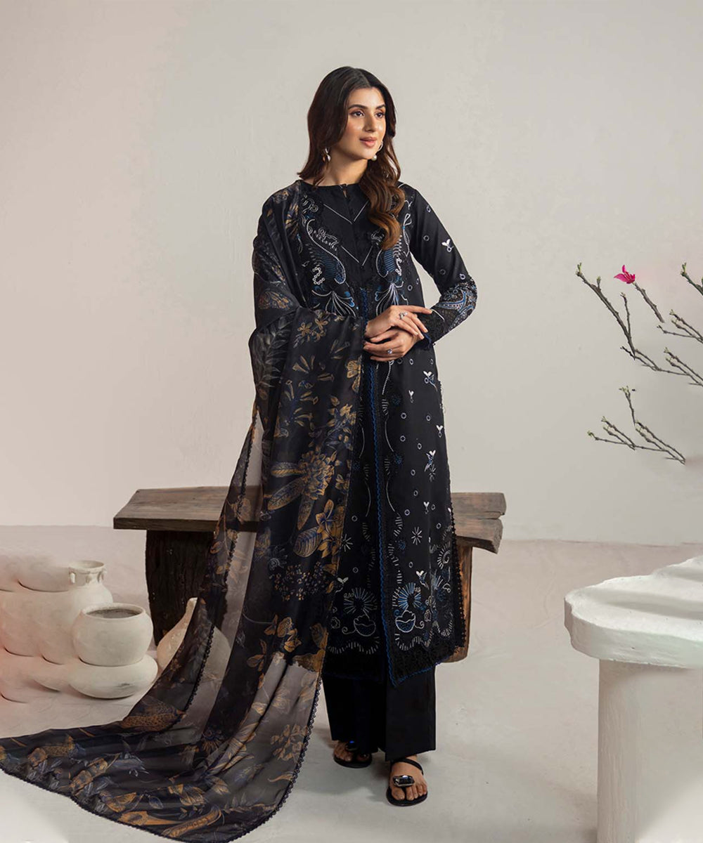Dhanak-3PC Embroidered Shirt with Digital Printed Wool Shawl- 3365