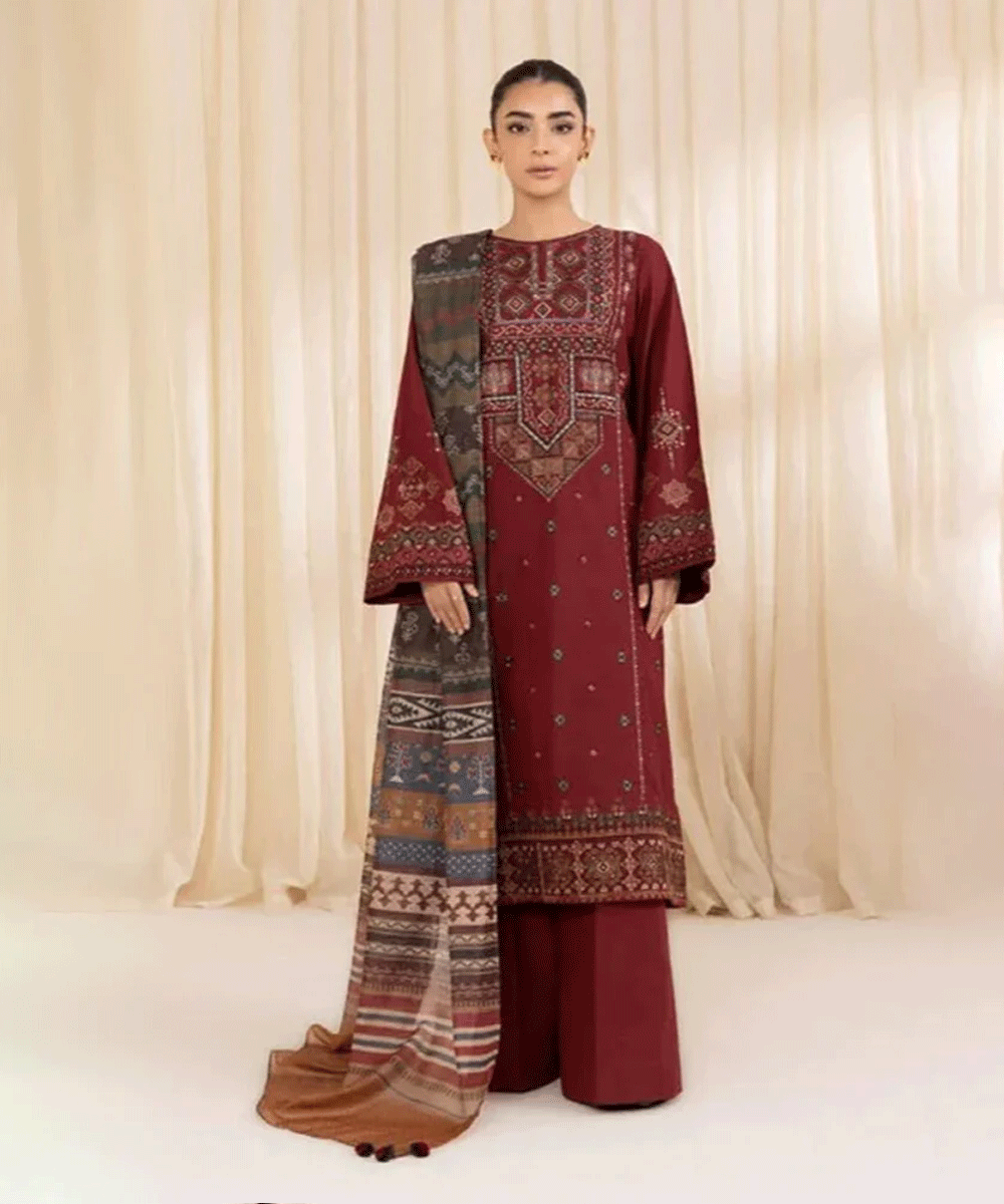 Dhanak-3PC Embroidered Shirt with Digital Printed Wool Shawl-3268