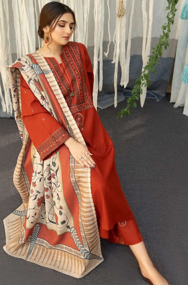 Dhanak-3PC Embroidered Shirt with Digital Printed Wool Shawl - 651