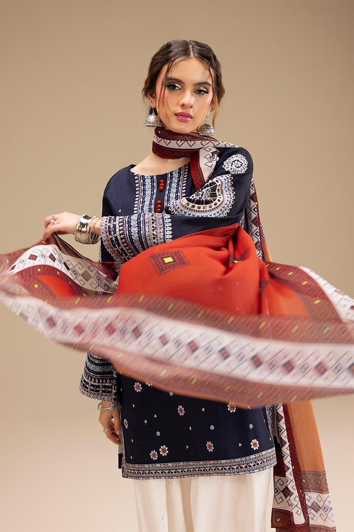 Dhanak-3PC Embroidered Shirt with Digital Printed Wool Shawl - 3324