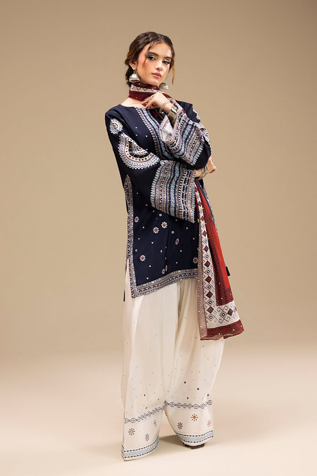Dhanak-3PC Embroidered Shirt with Digital Printed Wool Shawl - 3324