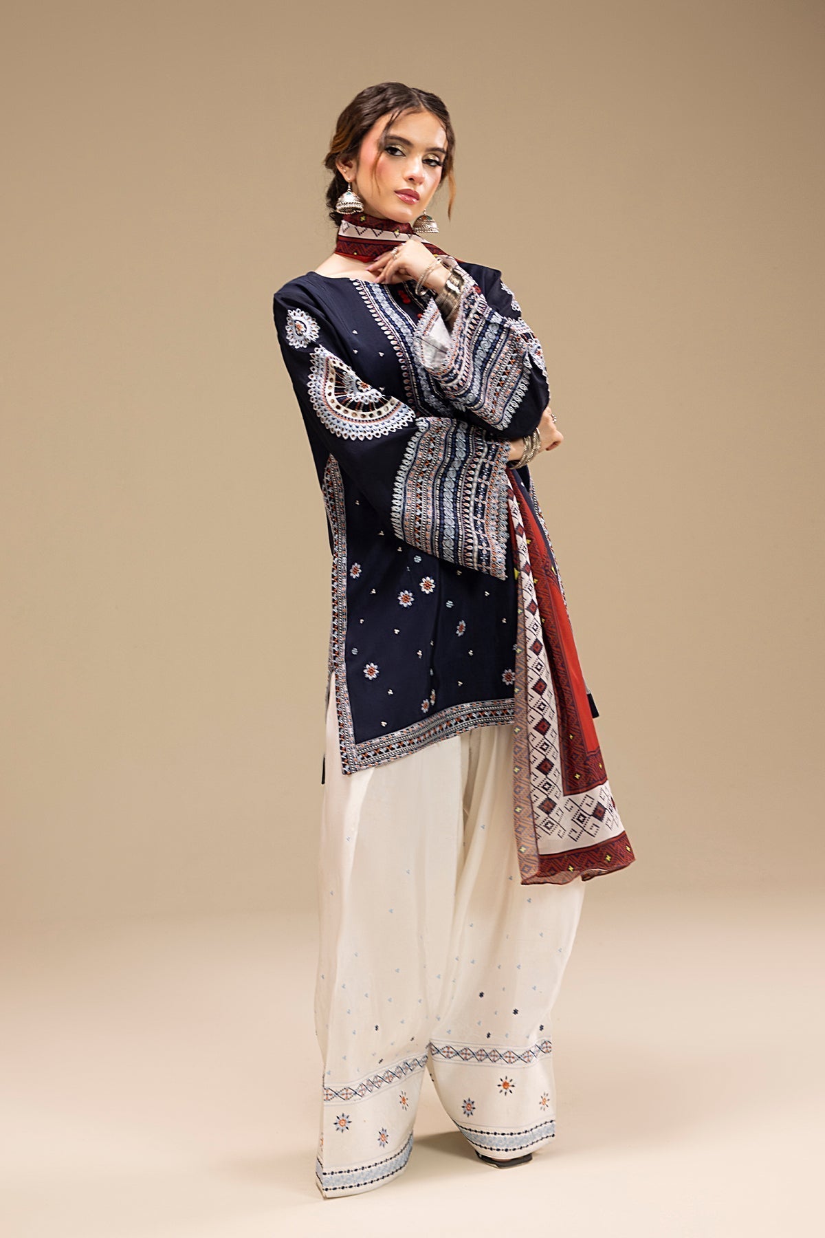 Dhanak-3PC Embroidered Shirt with Digital Printed Wool Shawl - 3324