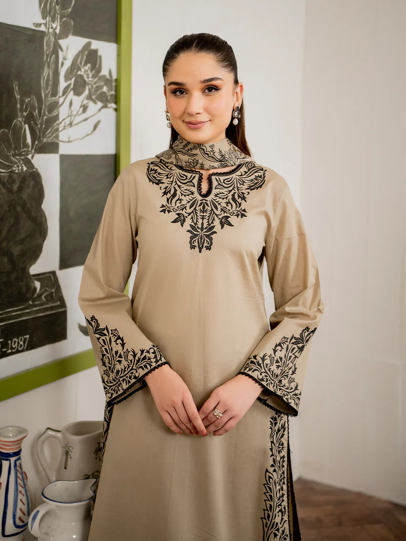 Dhanak-3PC Embroidered Shirt with Digital Printed Wool Shawl - 680