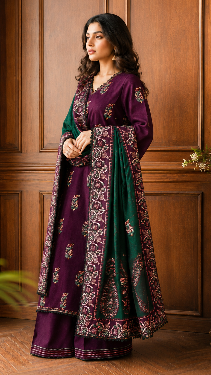 Dhanak-3PC Embroidered Shirt with Dhanak Embroidered Dupatta- 3563