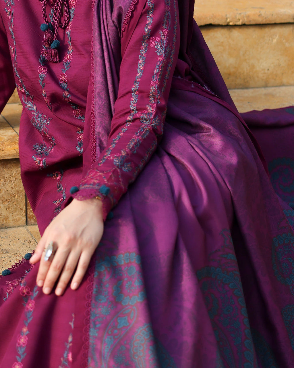 Dhanak-3PC Embroidered Shirt with Digital Printed Wool Shawl - 6043