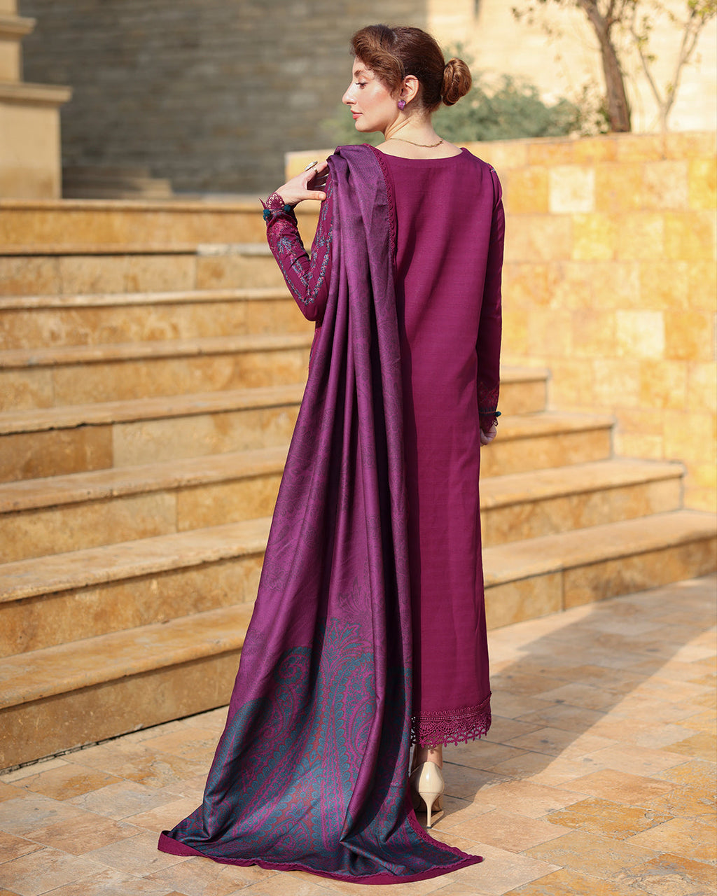 Dhanak-3PC Embroidered Shirt with Digital Printed Wool Shawl - 6043
