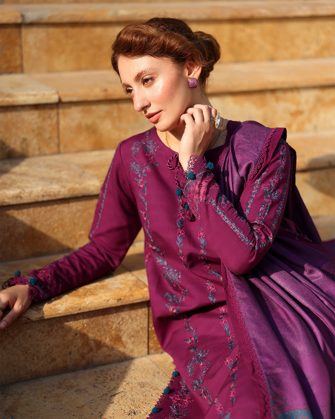 Dhanak-3PC Embroidered Shirt with Digital Printed Wool Shawl - 6043