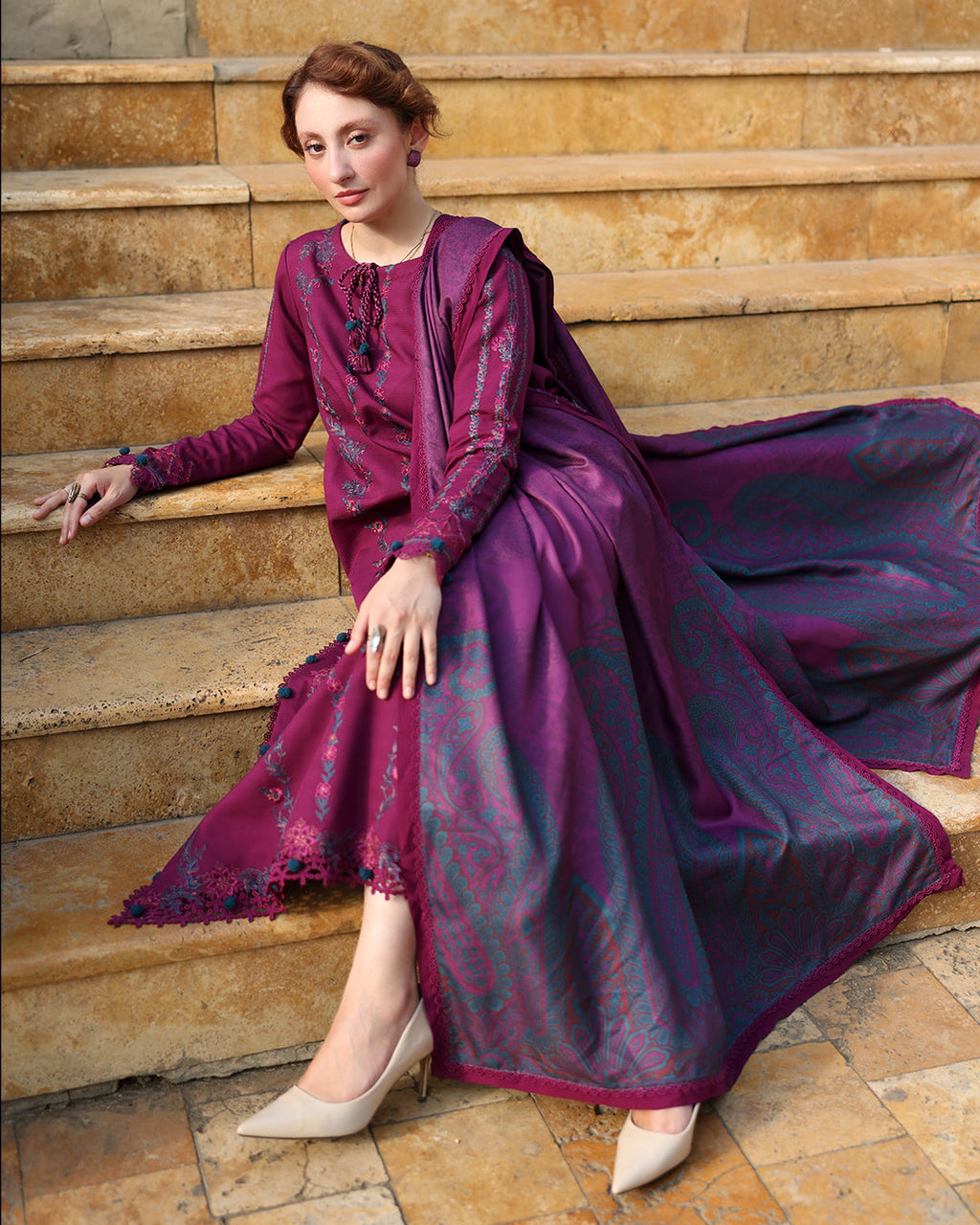 Dhanak-3PC Embroidered Shirt with Digital Printed Wool Shawl - 6043