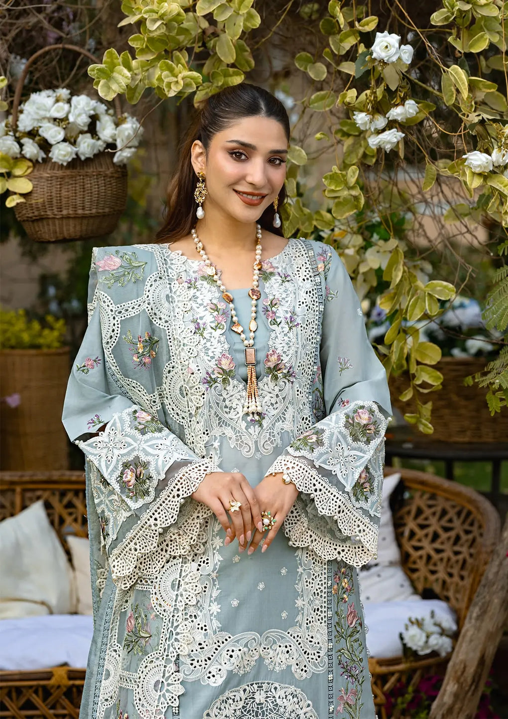 Lawn-3PC Chikankari Embroidered Shirt With Khadi Net Embroidered Dupatta-5324