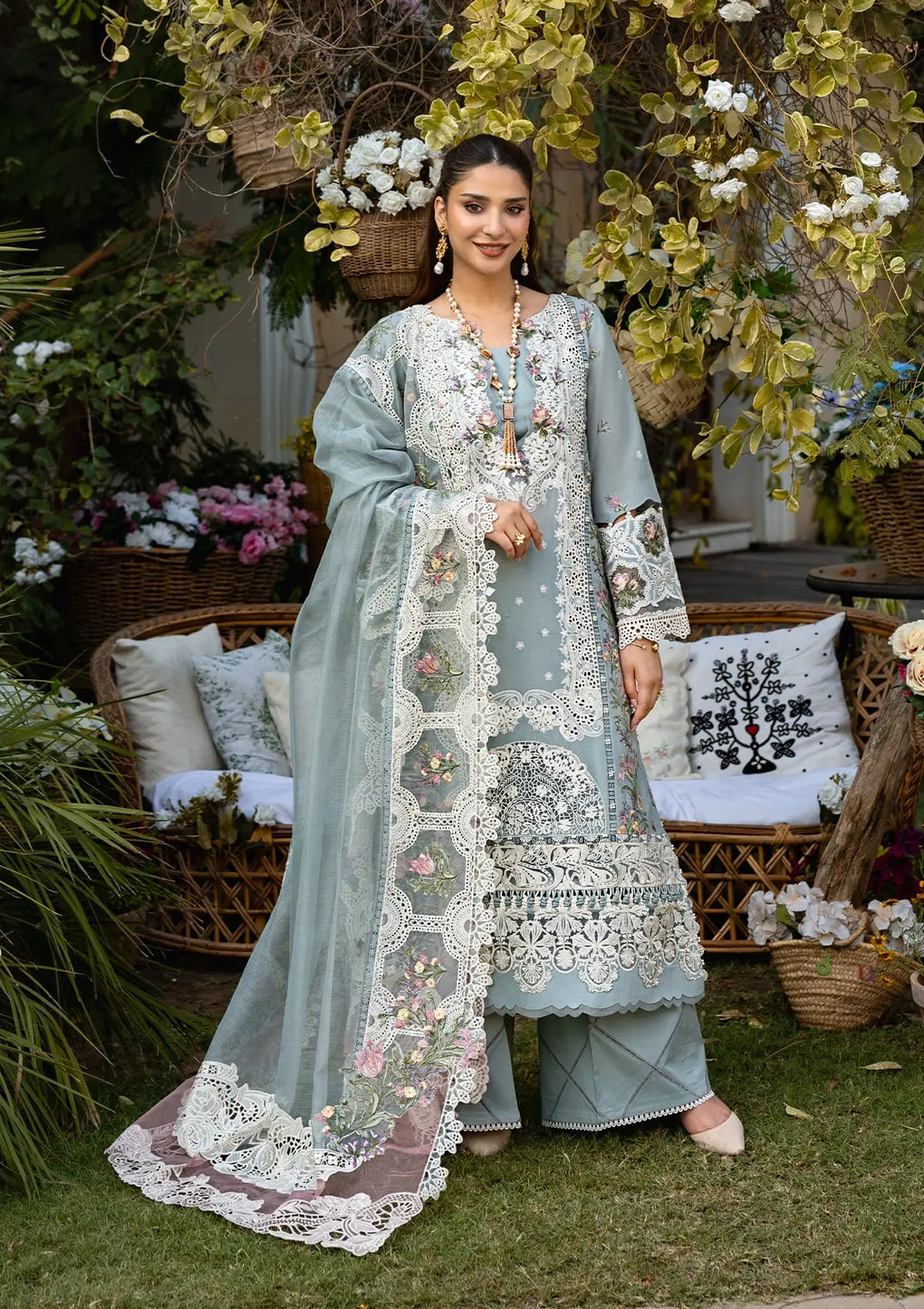 Lawn-3PC Chikankari Embroidered Shirt With Khadi Net Embroidered Dupatta-5324