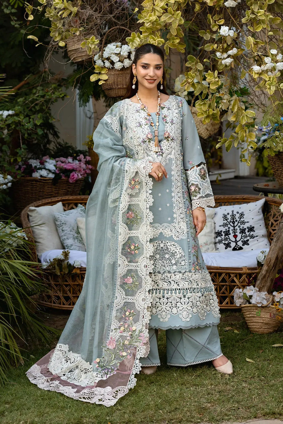 Lawn-3PC Chikankari Embroidered Shirt With Khadi Net Embroidered Dupatta-5324