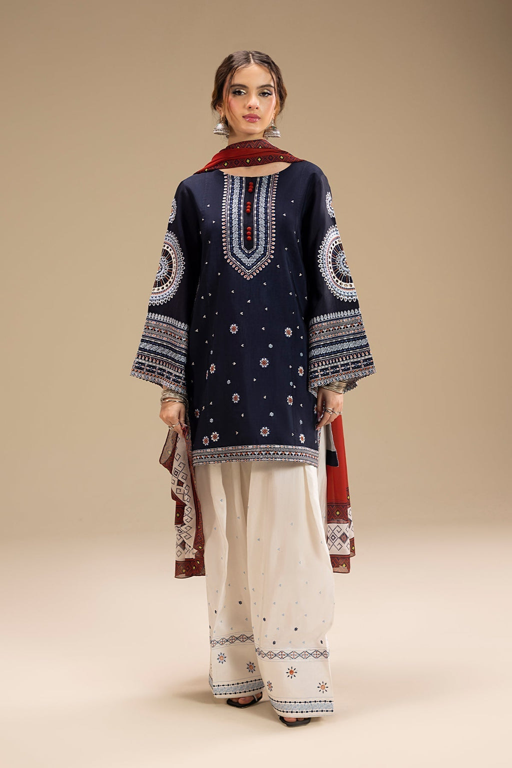 Dhanak-3PC Embroidered Shirt with Digital Printed Wool Shawl - 3324