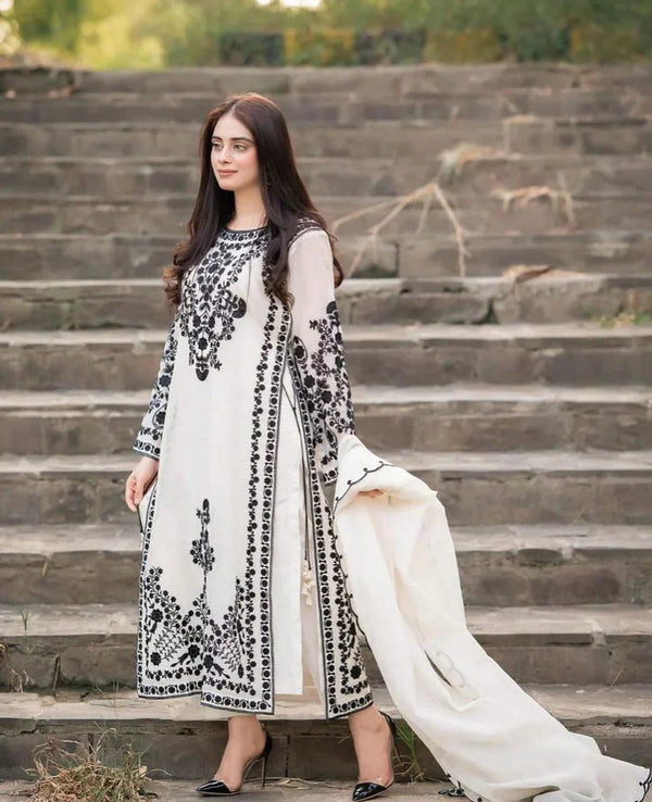 Dhanak-3PC Embroidered Shirt with Chiffon Embroidered Dupatta - 6019