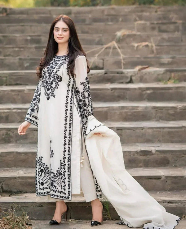 Dhanak-3PC Embroidered Shirt with Chiffon Embroidered Dupatta - 6019