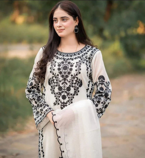 Dhanak-3PC Embroidered Shirt with Chiffon Embroidered Dupatta - 6019