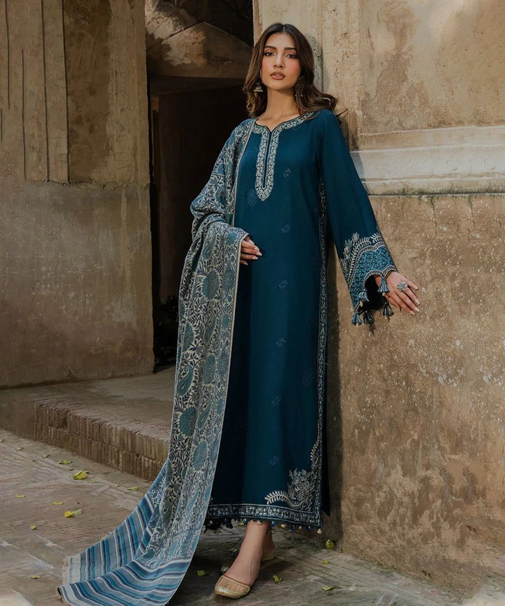 Dhanak-3PC Embroidered Shirt with Digital Printed Wool Shawl - 3544