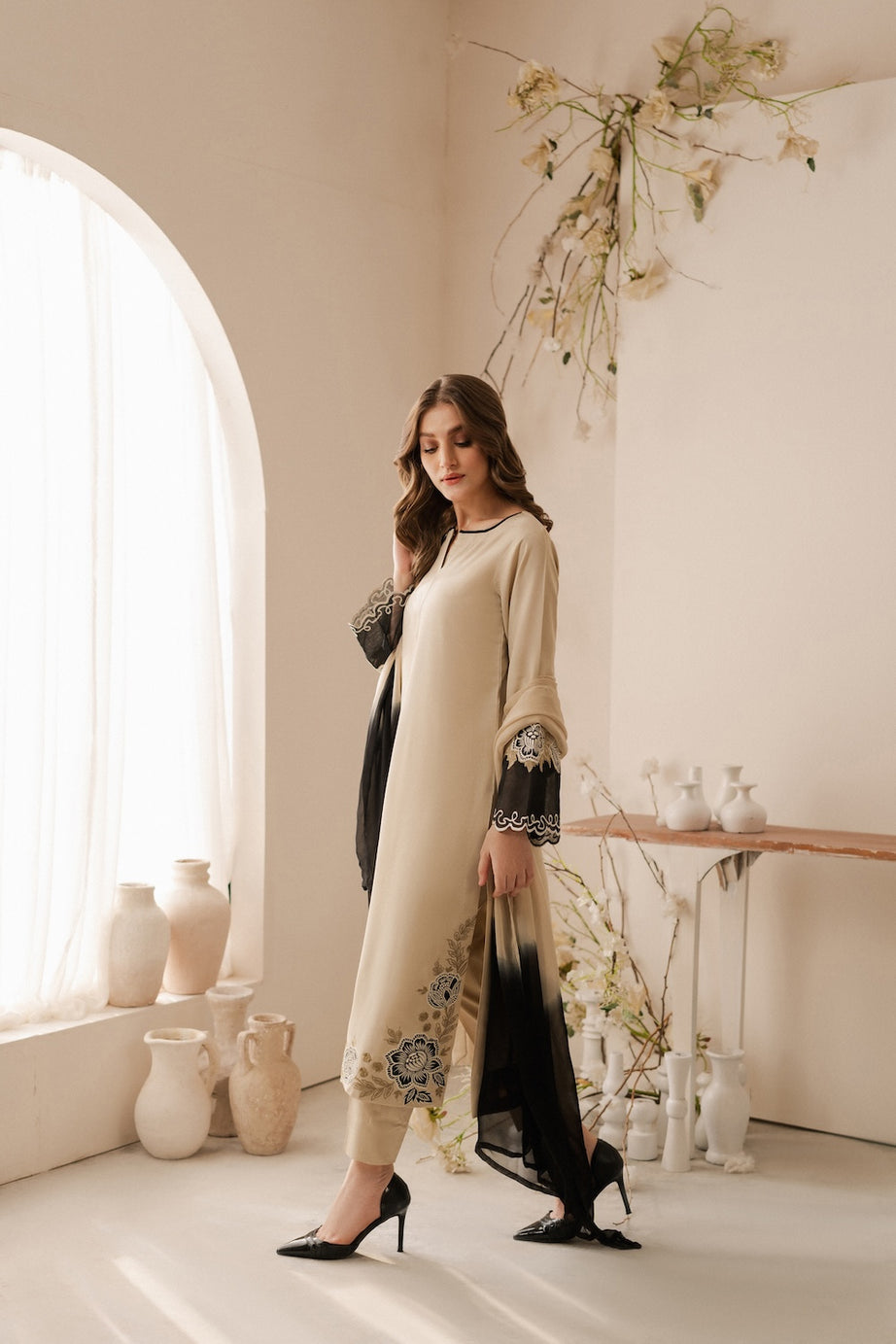 Dhanak-3PC Embroidered Shirt with Chiffon Dyed Dupatta - 6095