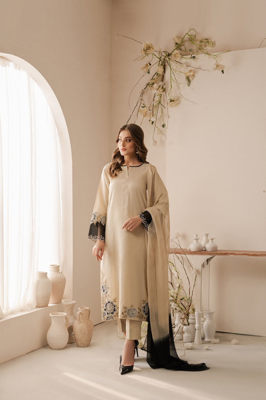 Dhanak-3PC Embroidered Shirt with Chiffon Dyed Dupatta - 6095