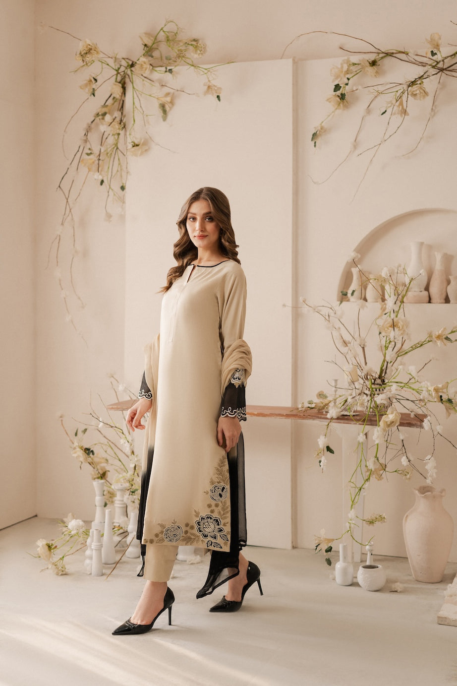 Dhanak-3PC Embroidered Shirt with Chiffon Dyed Dupatta - 6095