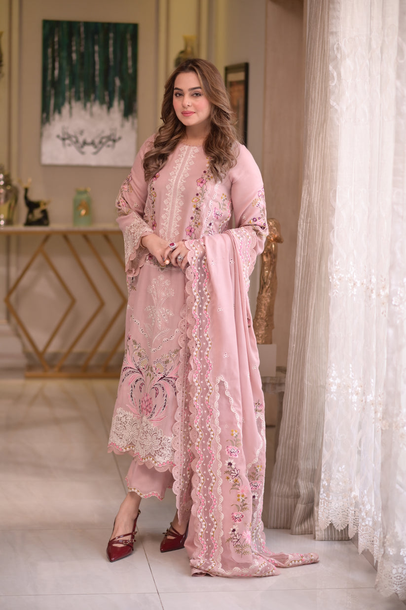 Dhanak-3PC Chikankari Embroidered Shirt with Manaar Embroidered Dupatta - 6107