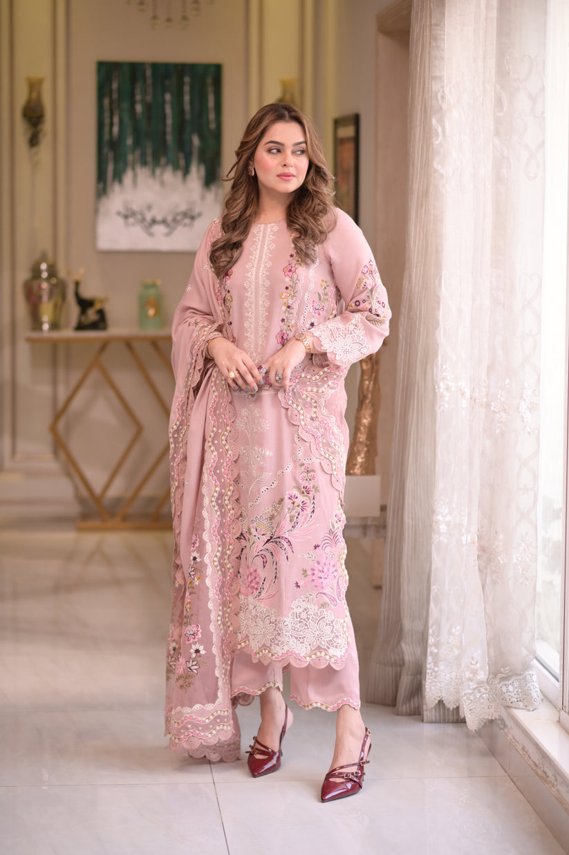 Dhanak-3PC Chikankari Embroidered Shirt with Manaar Embroidered Dupatta - 6107
