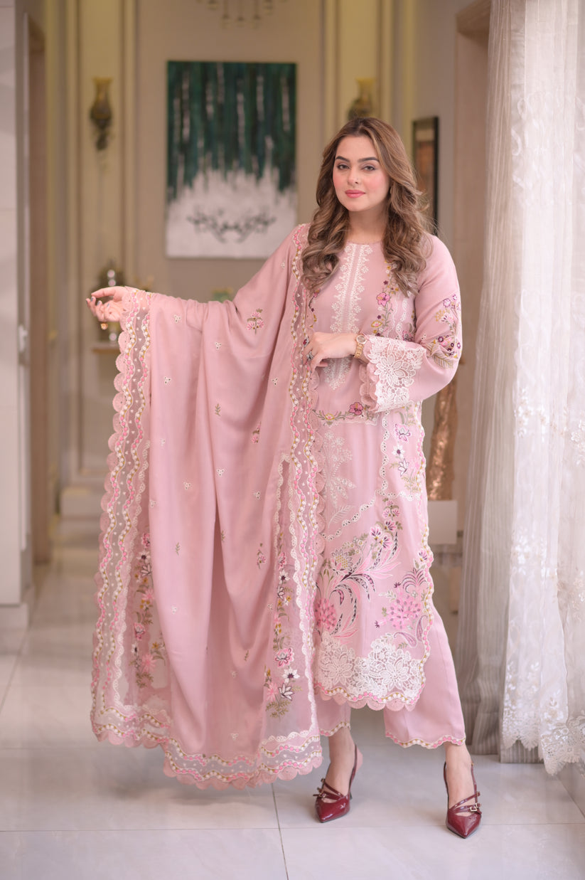 Dhanak-3PC Chikankari Embroidered Shirt with Manaar Embroidered Dupatta - 6107