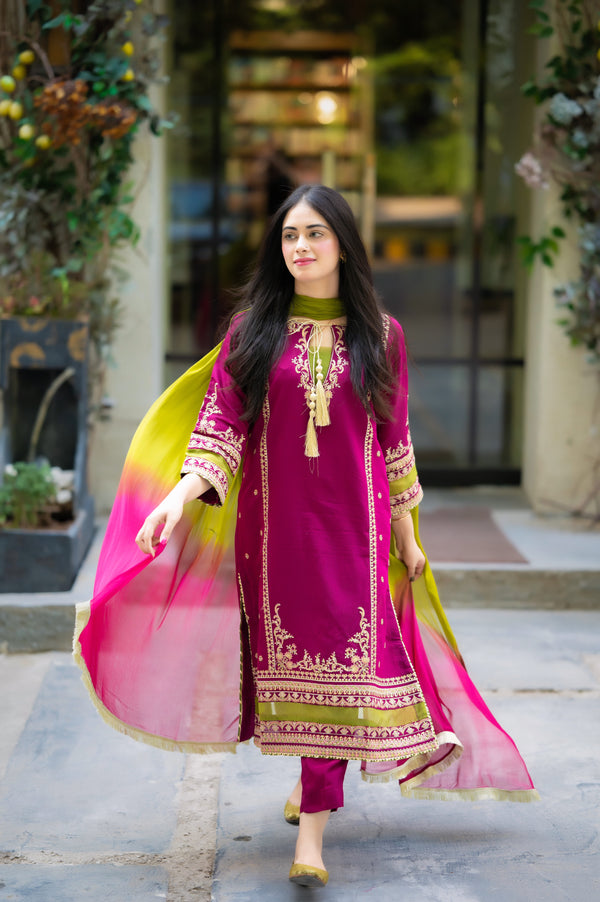 Linen-3PC Embroidered Shirt with Chiffon Tie-Dye Dupatta - 1311