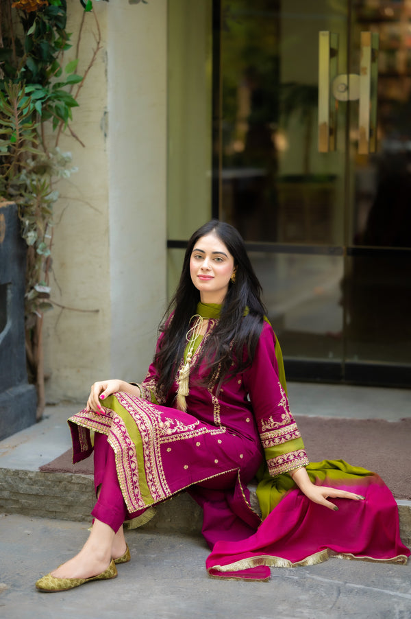 Linen-3PC Embroidered Shirt with Chiffon Tie-Dye Dupatta - 1311