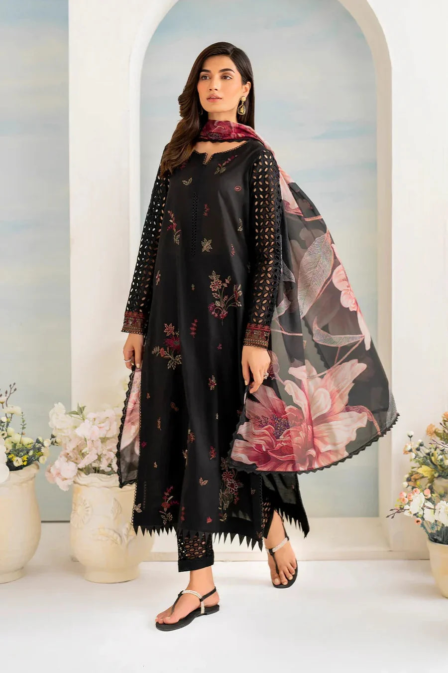 Dhanak-3PC Embroidered Shirt with Digital Printed Wool Shawl - 6074