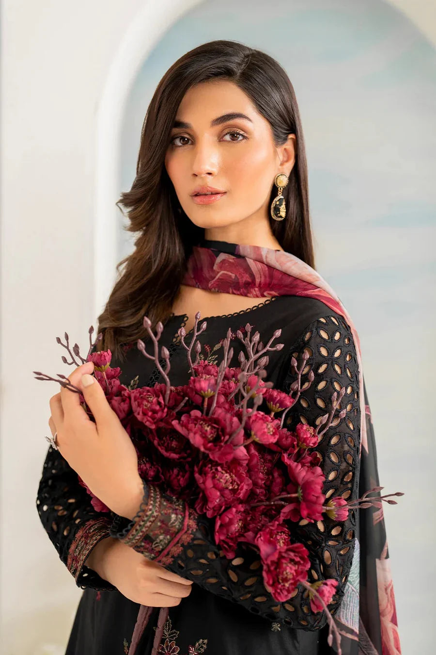 Dhanak-3PC Embroidered Shirt with Digital Printed Wool Shawl - 6074