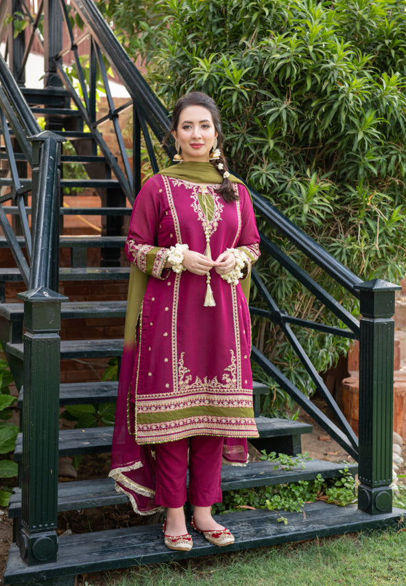 Linen-3PC Embroidered Shirt with Chiffon Tie-Dye Dupatta - 1311