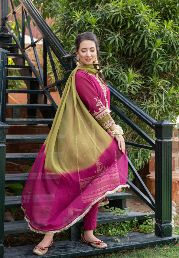 Linen-3PC Embroidered Shirt with Chiffon Tie-Dye Dupatta - 1311