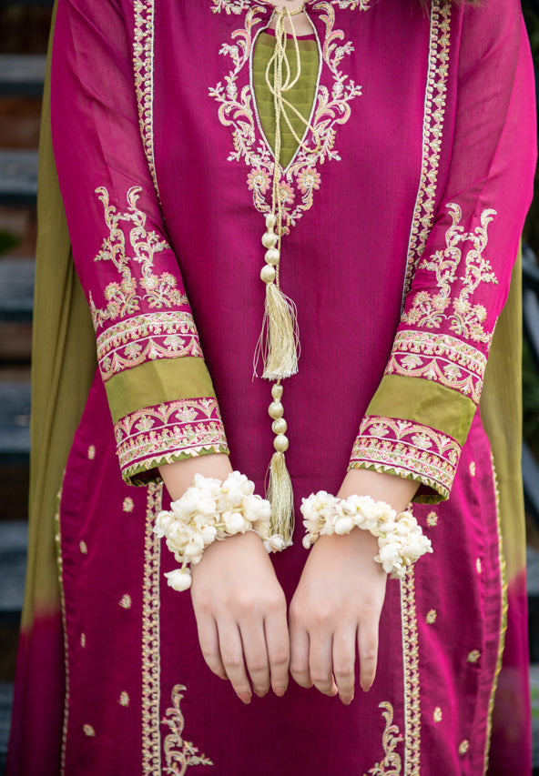 Linen-3PC Embroidered Shirt with Chiffon Tie-Dye Dupatta - 1311