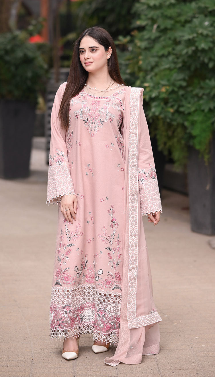 Dhanak-3PC Embroidered Shirt with Chiffon Embroidered Dupatta - 6424