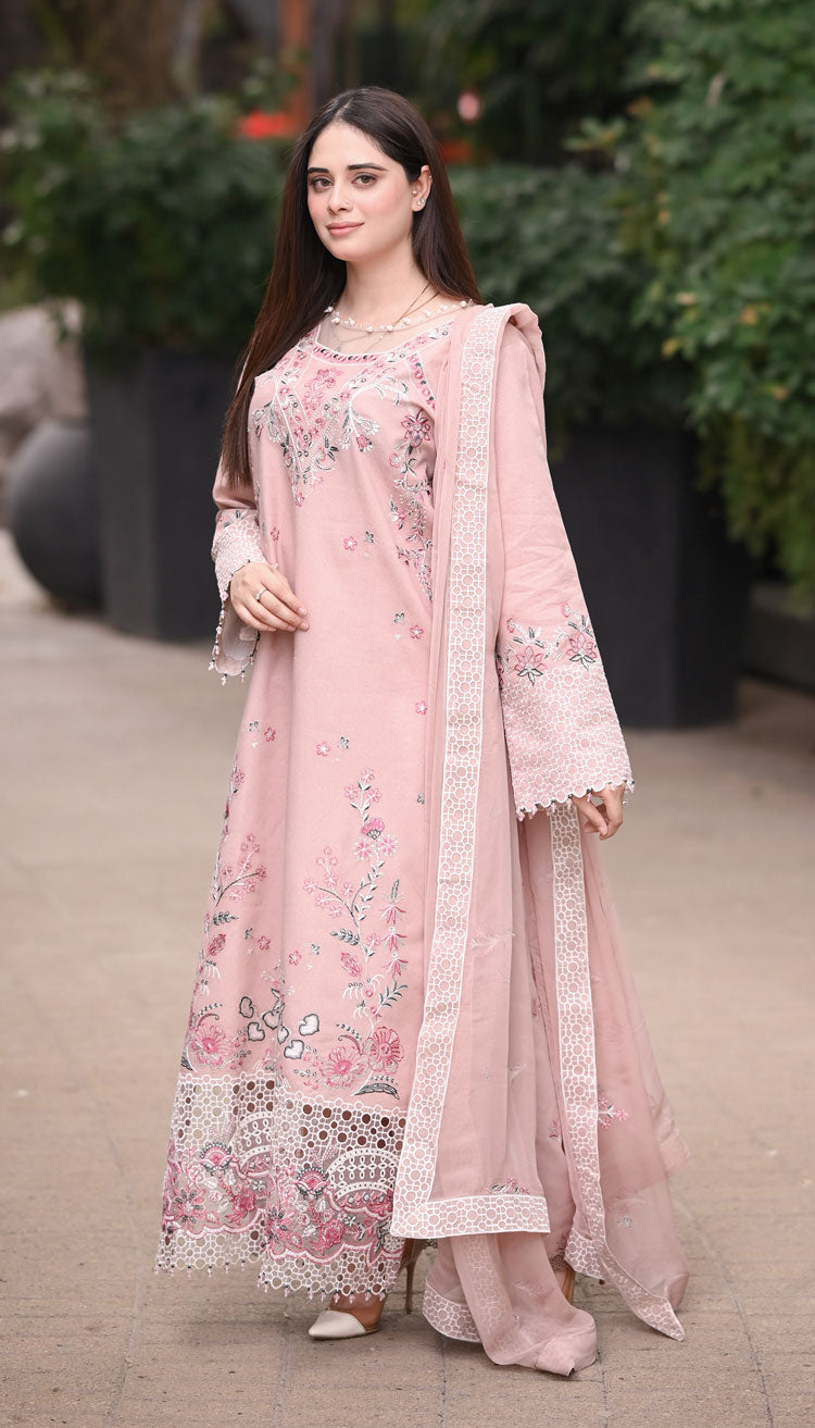 Dhanak-3PC Embroidered Shirt with Chiffon Embroidered Dupatta - 6424