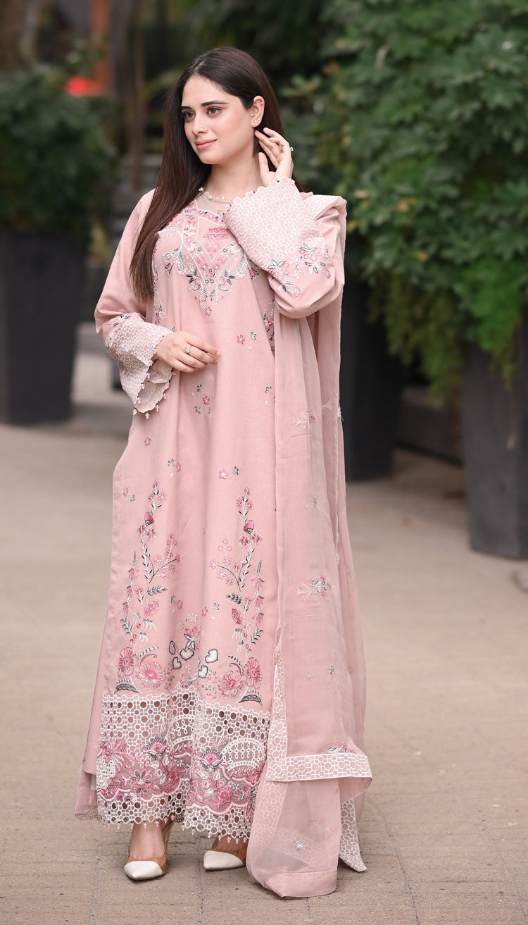 Dhanak-3PC Embroidered Shirt with Chiffon Embroidered Dupatta - 6424