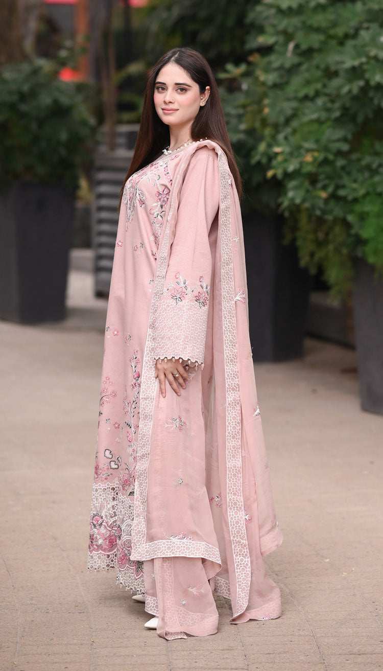 Dhanak-3PC Embroidered Shirt with Chiffon Embroidered Dupatta - 6424
