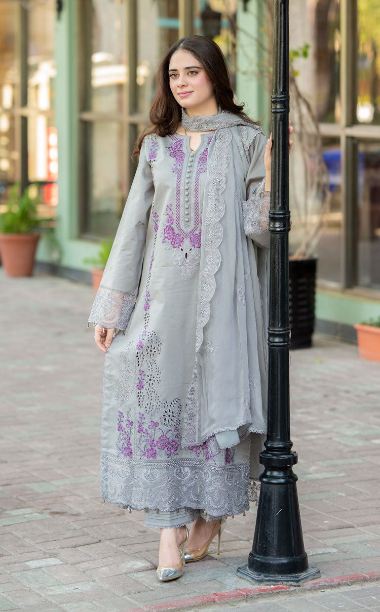 Dhanak-3PC Chikankari Embroidered Shirt with Chiffon Embroidered Dupatta - 6155