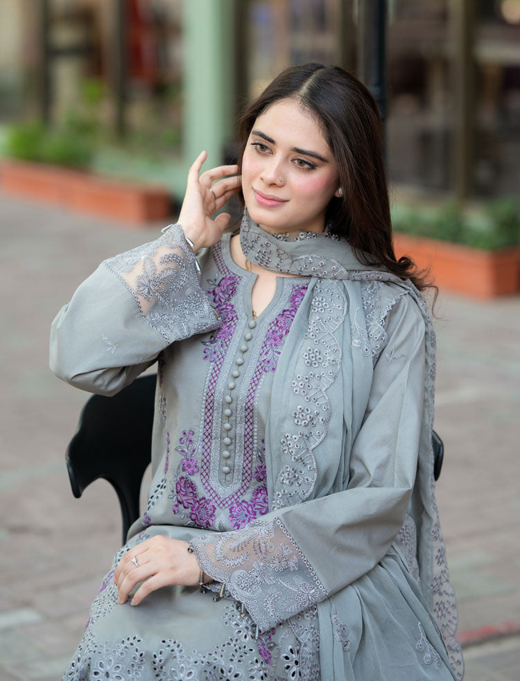 Dhanak-3PC Chikankari Embroidered Shirt with Chiffon Embroidered Dupatta - 6155