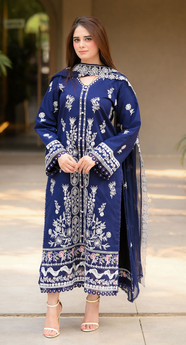 Dhanak-3PC Embroidered Shirt with Chiffon Embroidered Dupatta - 3460