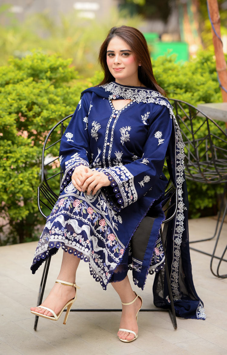 Dhanak-3PC Embroidered Shirt with Chiffon Embroidered Dupatta - 3460