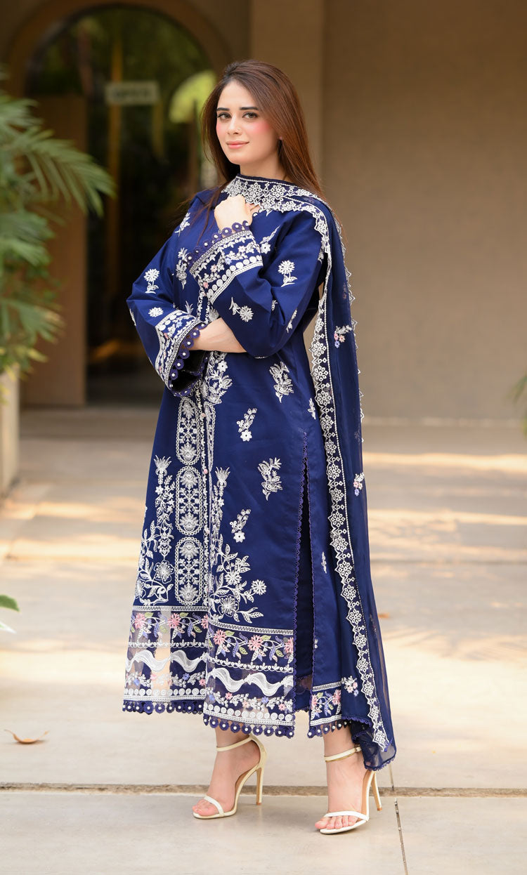Dhanak-3PC Embroidered Shirt with Chiffon Embroidered Dupatta - 3460