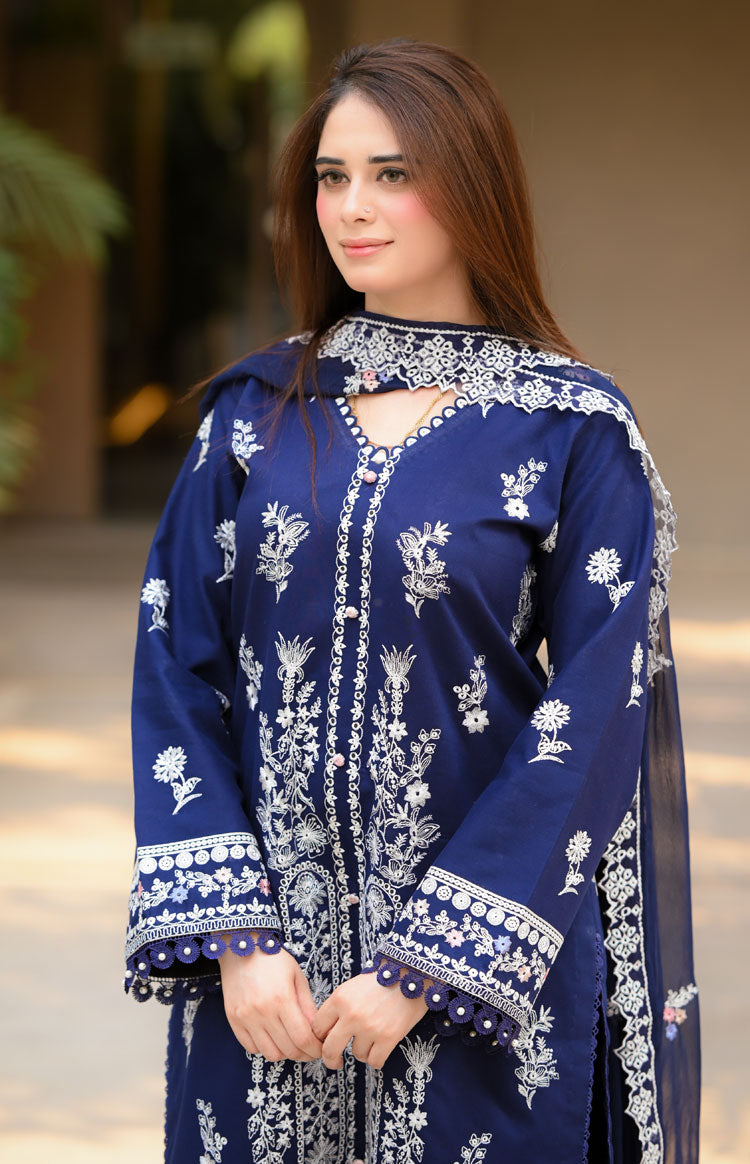 Dhanak-3PC Embroidered Shirt with Chiffon Embroidered Dupatta - 3460