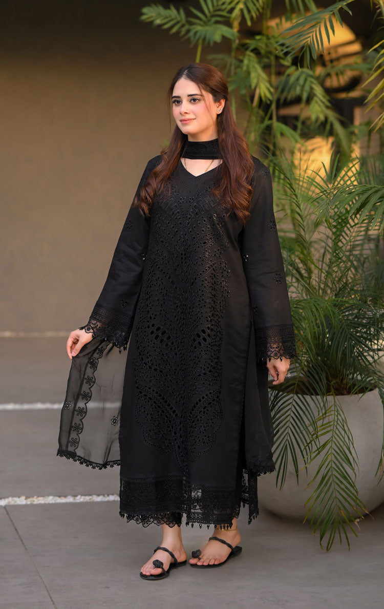Dhanak-3PC Embroidered Shirt with Chiffon Embroidered Dupatta - 6423