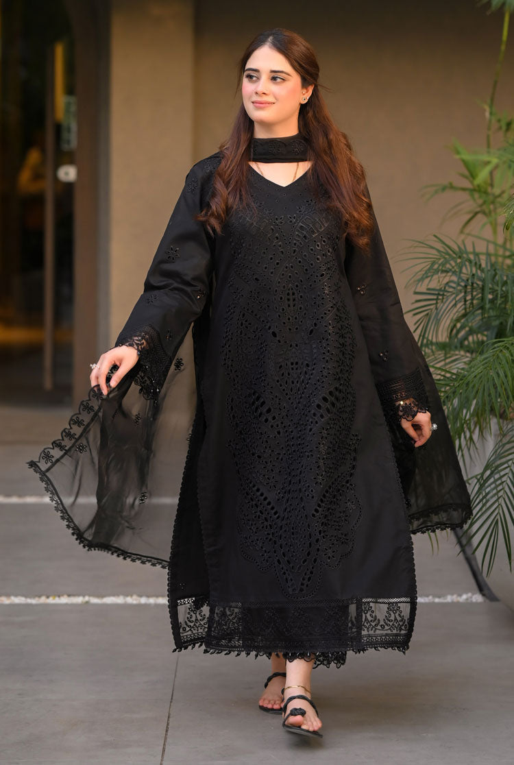 Dhanak-3PC Embroidered Shirt with Chiffon Embroidered Dupatta - 6423