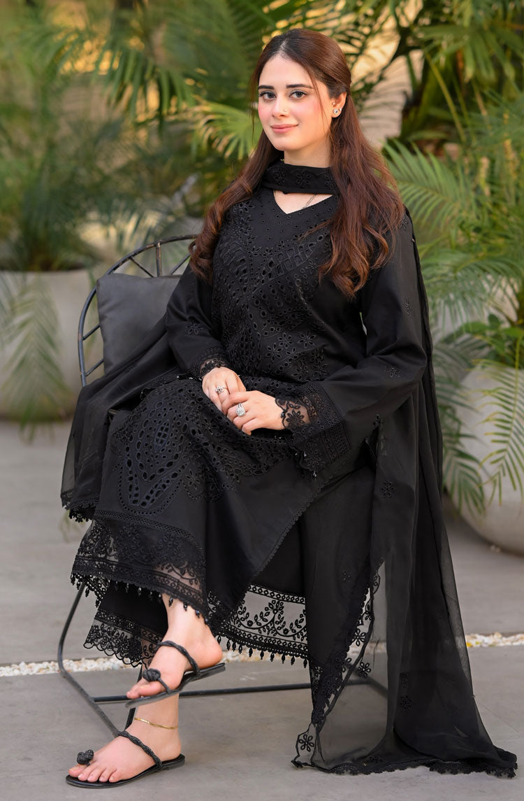 Dhanak-3PC Embroidered Shirt with Chiffon Embroidered Dupatta - 6423