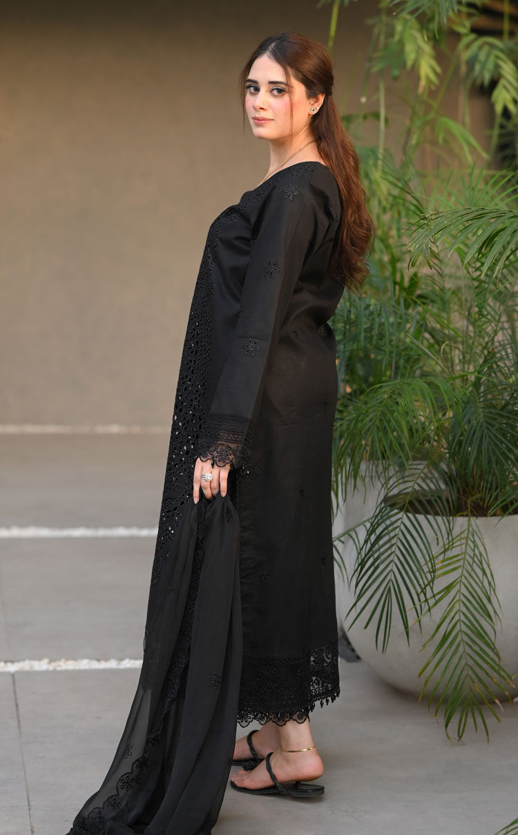 Dhanak-3PC Embroidered Shirt with Chiffon Embroidered Dupatta - 6423
