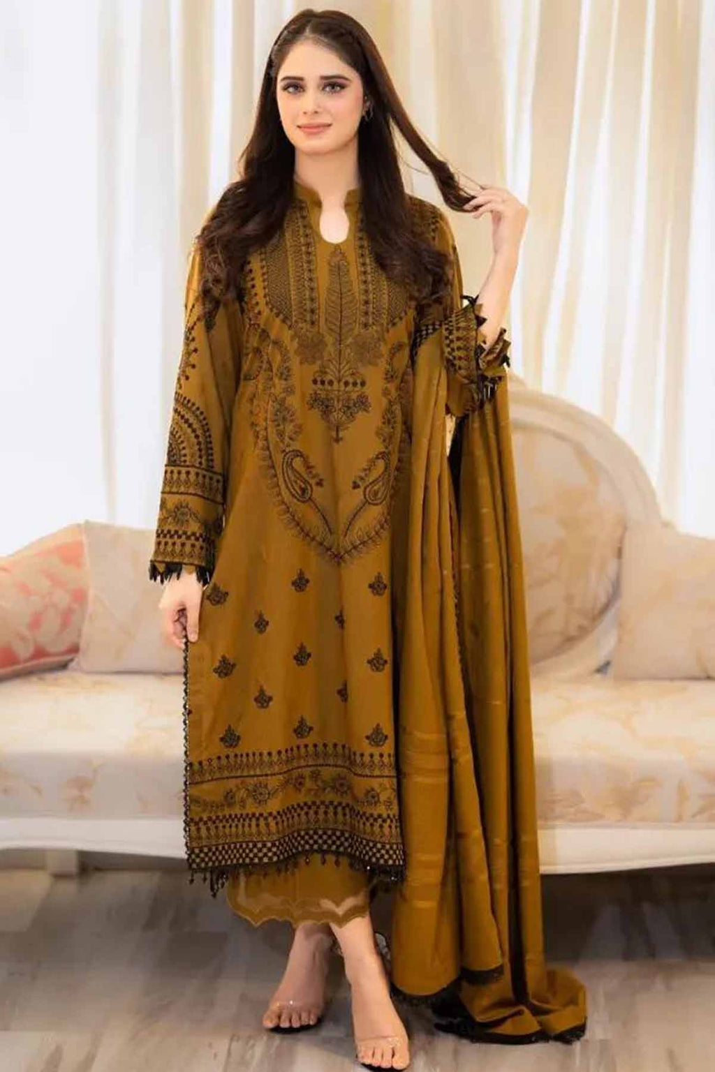 Dhanak-3PC Embroidered Shirt with Dhanak Embroidered Dupatta - 3398